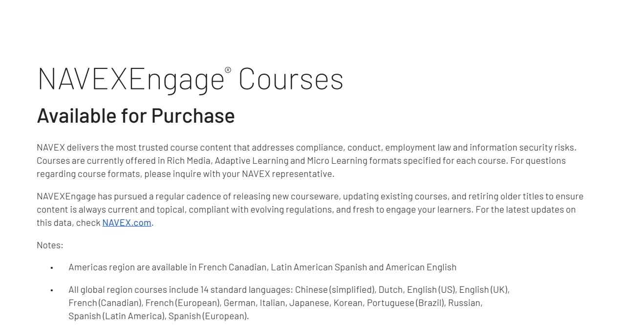 NAVEXEngage Online Training Courseware List NAVEX