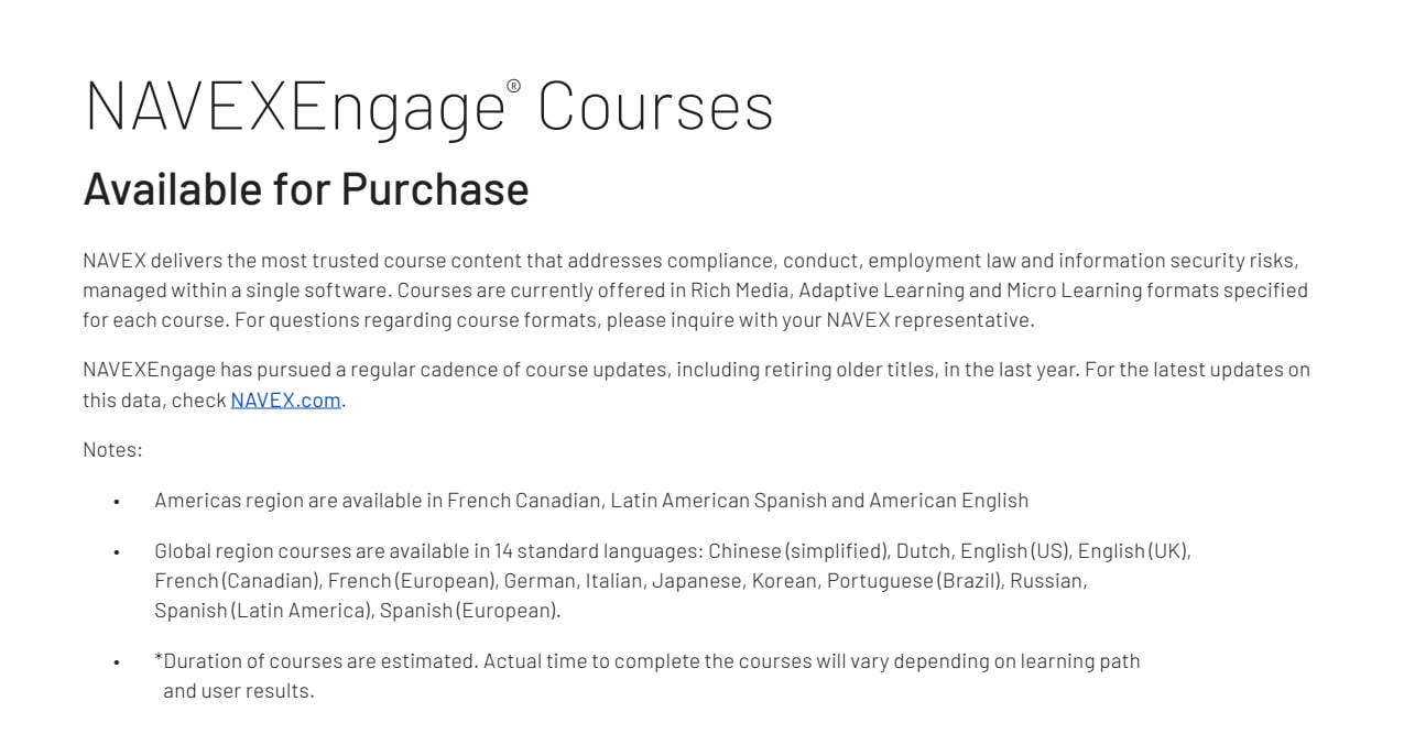 NAVEXEngage Online Training Courseware List NAVEX