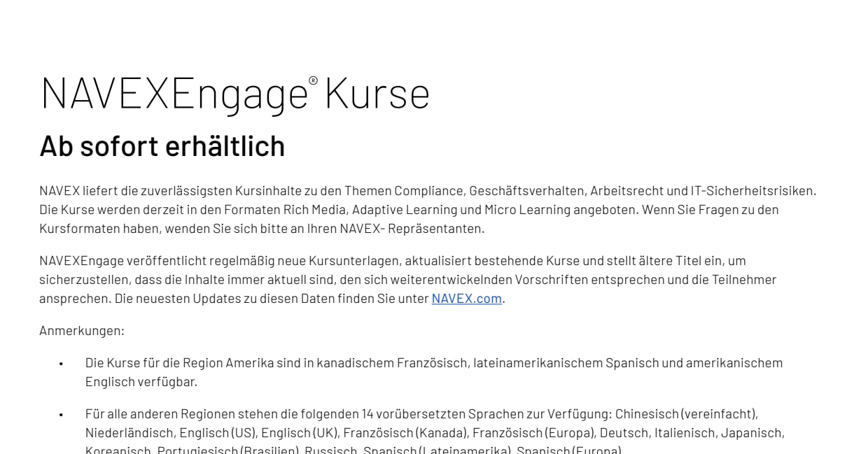 Liste mit OnlineSchulungskursen NAVEX