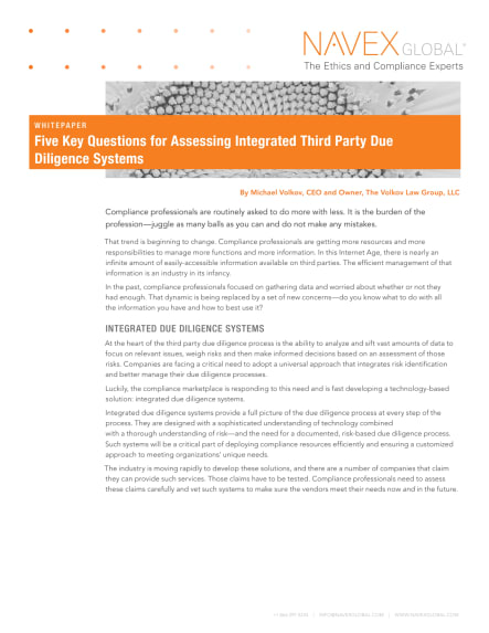 Image for Five Key Questions for Assessing Integrated Third Party Due Diligence Systems