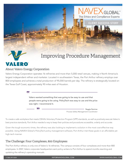 Valero Improves Procedure Management Using PolicyTech Software