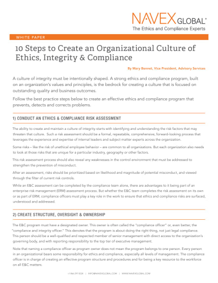 10 Steps to Create an Organizational Culture of Ethics, Integrity & Compliance