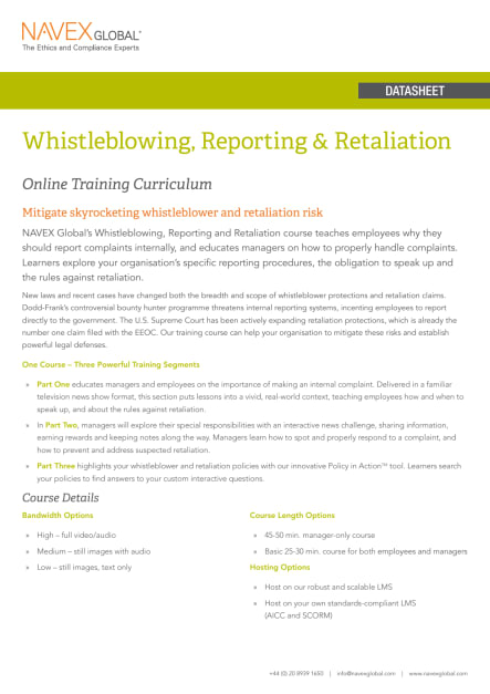 Whistleblowing Reporting Retaliation Course Overview Datasheet - EMEA