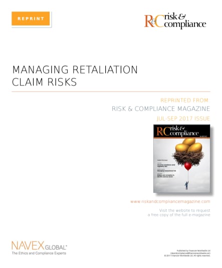 Image for Risk and Compliance Magazine Article - Managing Retaliation Claims Risks.pdf