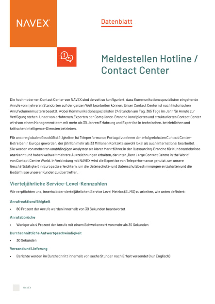 Hotline-Berichterstattungs-Kontaktzentrum-Datenblatt
