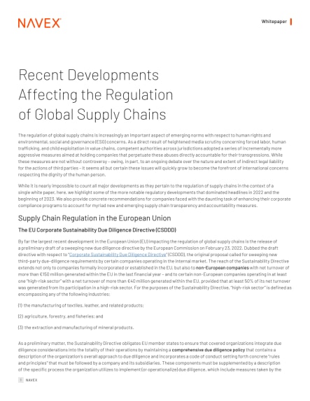 Recent Developments Affecting the Regulation of Global Supply Chains
