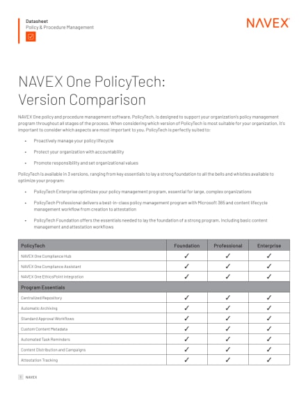 NAVEX One PolicyTech: Version Comparison Datasheet