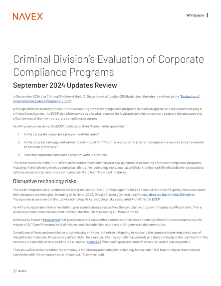 Criminal Division’s Evaluation of Corporate Compliance Programs