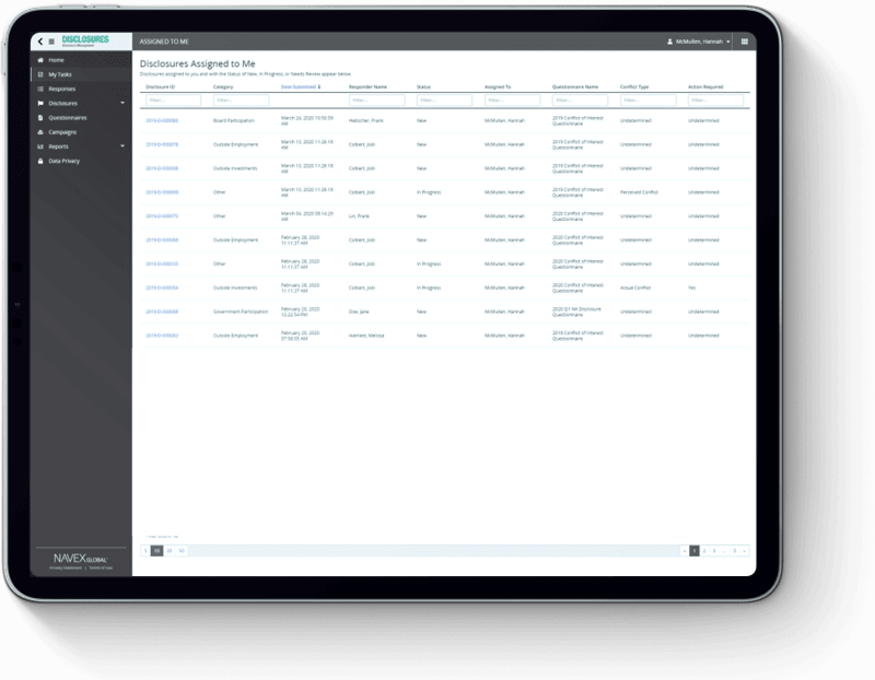 coi disclosures on tablet screen