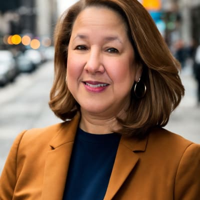 A woman with shoulder-length brown hair wearing a tan blazer and navy top smiles at the camera while standing on a city street with blurred buildings and cars in the background.