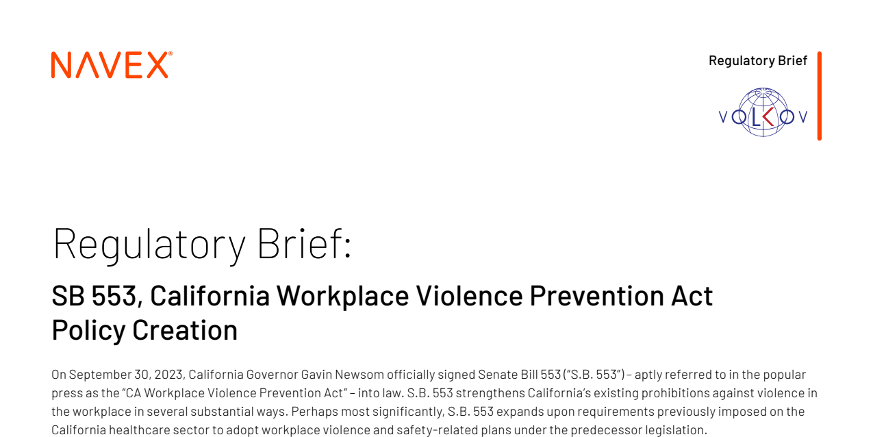 Regulatory Brief: SB 553 California Workplace Violence Prevention Act Policy Creation