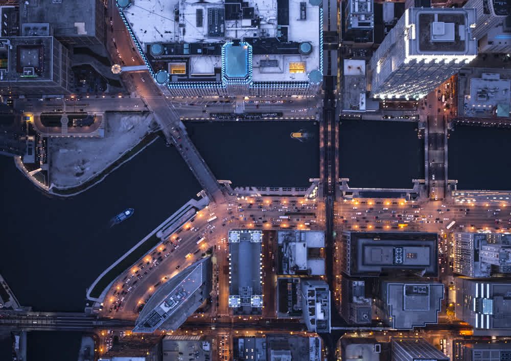 dark aerial view of a city at night