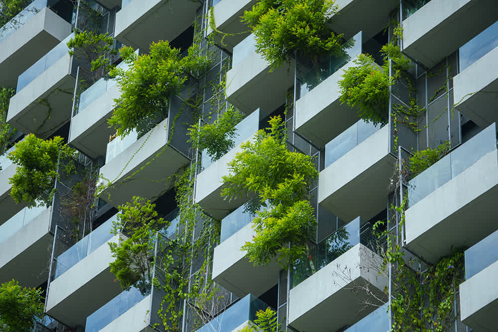 Modern building facade with vertical gardens. Numerous balconies adorned with lush green plants create a striking verdant pattern against the structured lines of the architecture. Glass railings and concrete elements contrast with the foliage.