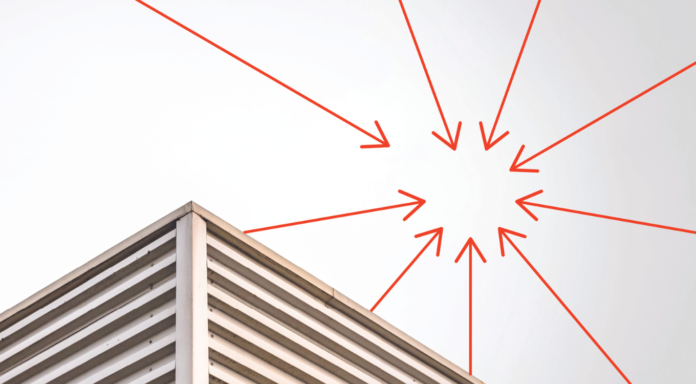 A modern building corner with horizontal slats is shown in the bottom left. Red arrows radiate from the top right, converging toward the center, creating a dynamic pattern against a plain, light background.