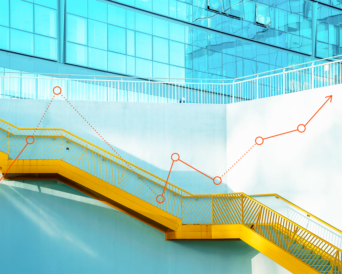 A yellow staircase ascends against a light blue wall outdoors. An overlay of a red line graph with upward-trending dots follows the path of the stairs, symbolizing growth or progress. Glass windows reflect the sky above.