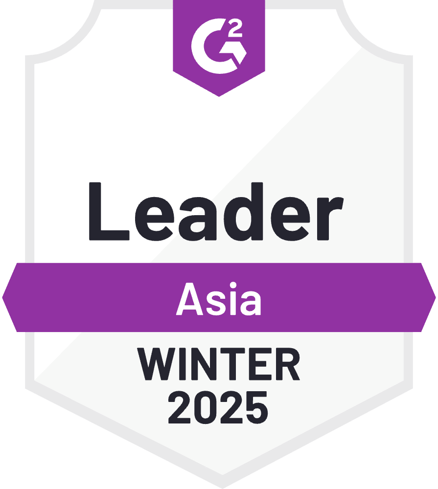G2 badge with a purple banner reads Leader Asia WINTER 2025.