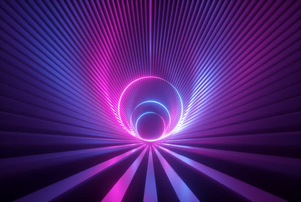 Abstract digital art featuring concentric neon rings and radiating lines in shades of pink, purple, and blue, creating a tunnel-like, futuristic visual effect with glowing light and a sense of depth.
