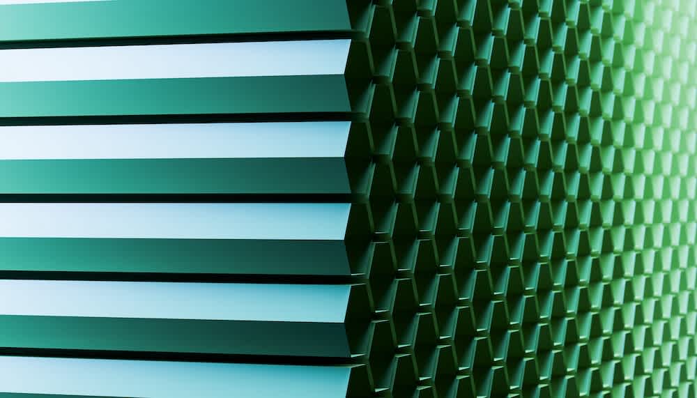 Abstract image showing a geometric pattern of teal horizontal slats on the left and hexagonal shapes on the right, with a gradient lighting effect creating depth and dimension.