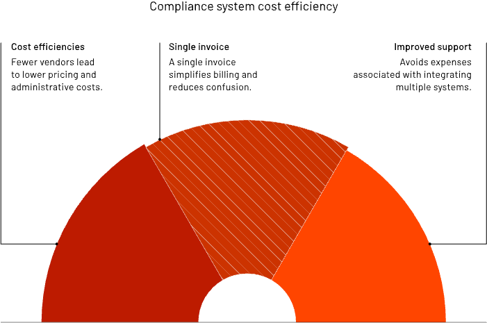 A semi-circular chart titled Compliance system cost efficiency, divided into three sections: cost efficiencies, single invoice, and improved support, each with a brief description of their benefits.