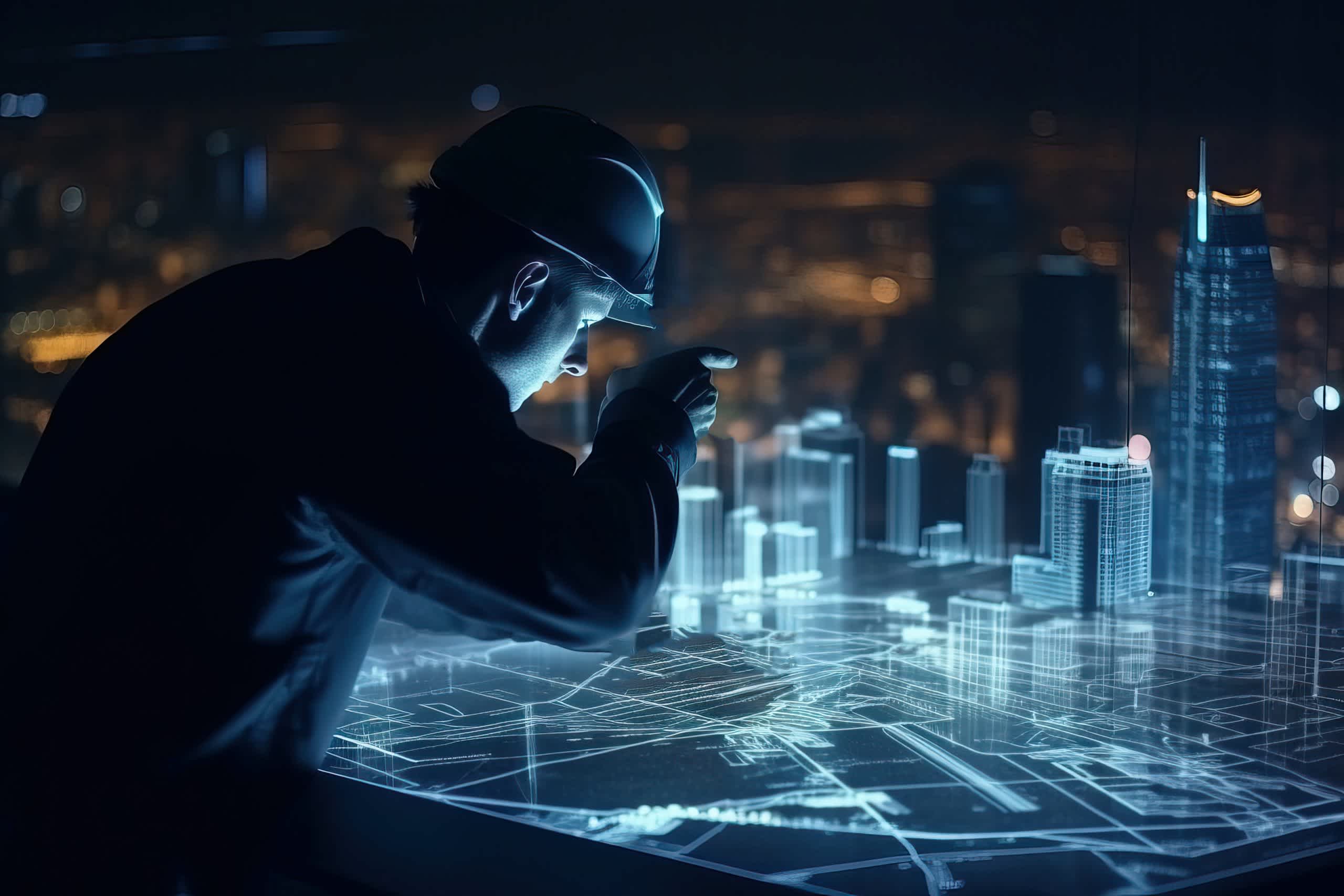 A person wearing a hard hat studies a glowing, futuristic city model or blueprint at night, with illuminated buildings and a city skyline visible in the background.