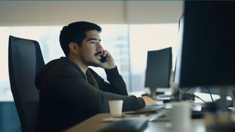 A man with dark hair and a beard sits at a desk in an office, talking on the phone while looking at a computer monitor. A coffee cup is on the desk, and large windows are in the background.