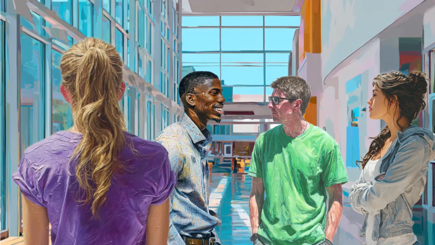 Four people stand talking in a brightly lit hallway with large windows. Three face each other, while one with a ponytail faces away from the viewer. The setting appears modern and sunny, with a relaxed atmosphere.