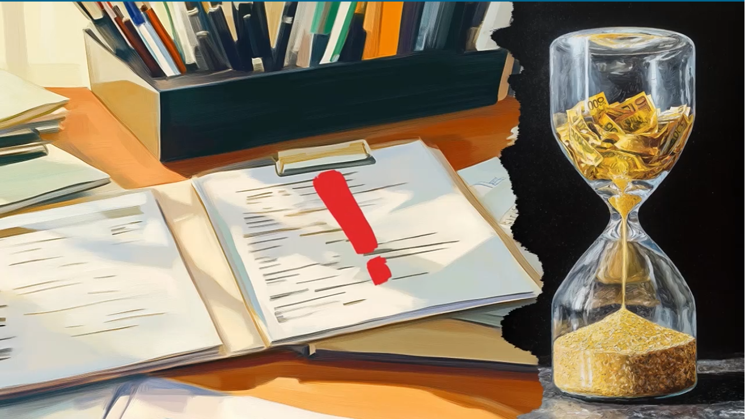 A clipboard with papers and a large red exclamation mark sits on a desk with pens, next to an hourglass filled with sand and dollar bills.
