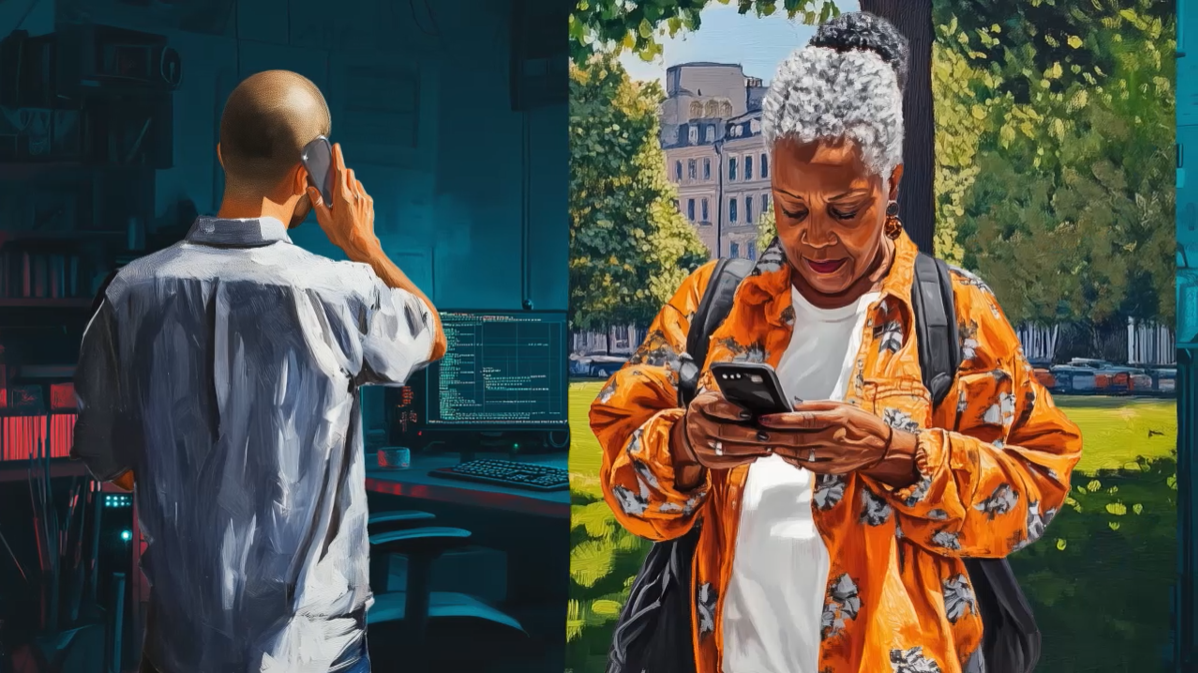 A man standing indoors by a computer talks on the phone, while an older woman stands outside in a park, smiling and looking at her smartphone.