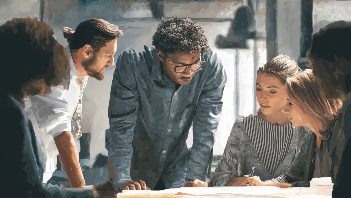Four people gather around a table, discussing documents and collaborating in a modern office setting. Two stand and two sit, with focused expressions, working together as a team in a brightly lit workspace.
