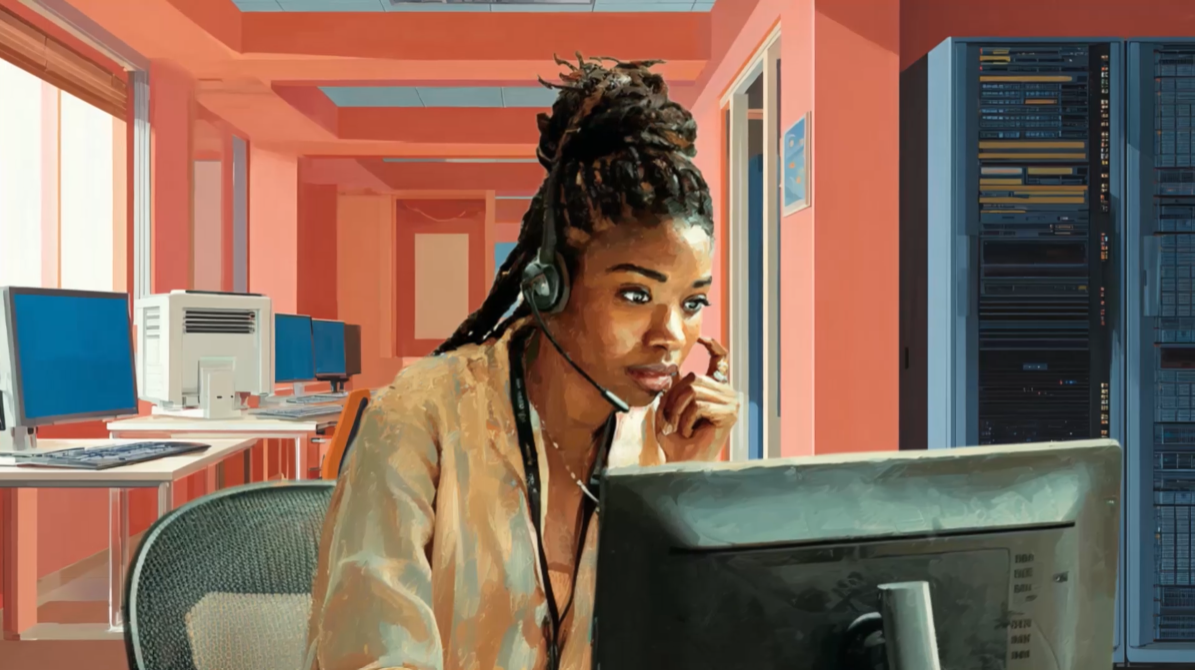 A woman wearing a headset sits at a desk in a modern office, intently looking at a computer monitor. Computer servers and additional monitors are visible in the background.