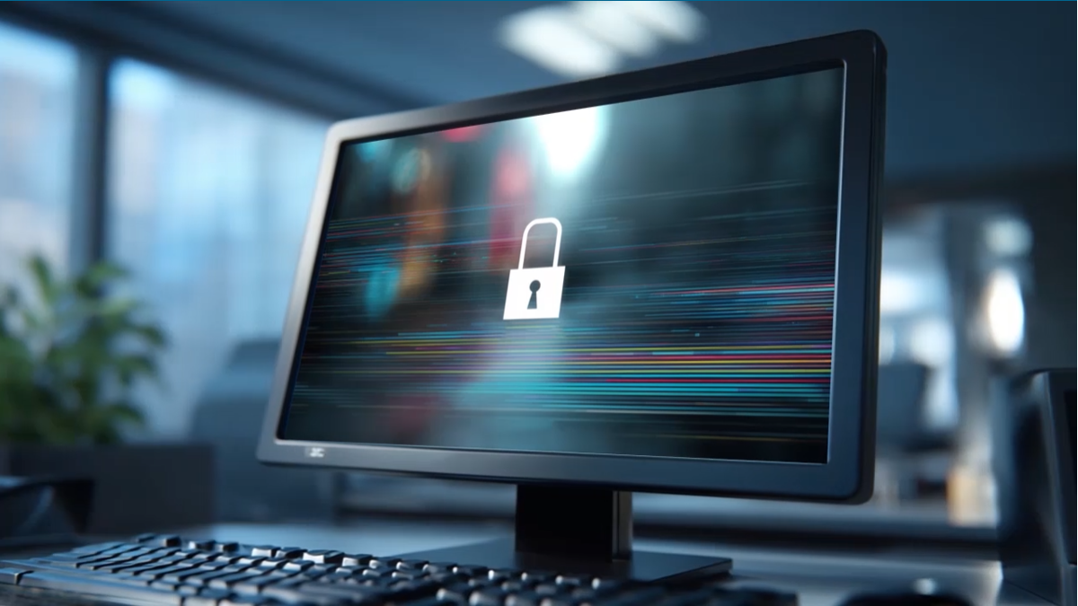 A woman wearing a headset sits at a desk in a modern office, intently looking at a computer monitor. Computer servers and additional monitors are visible in the background.