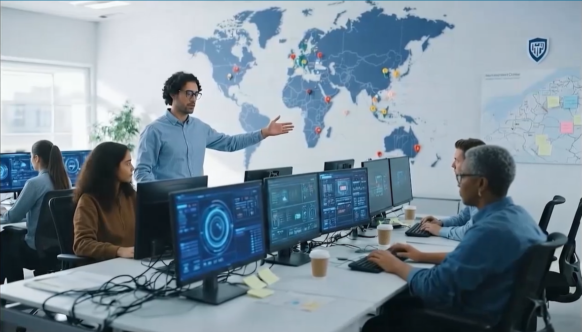 A group of people sit at desks with multiple monitors displaying data, while one person stands and gestures. A large world map with markers is on the wall in the background. The setting appears to be a modern office or control room.