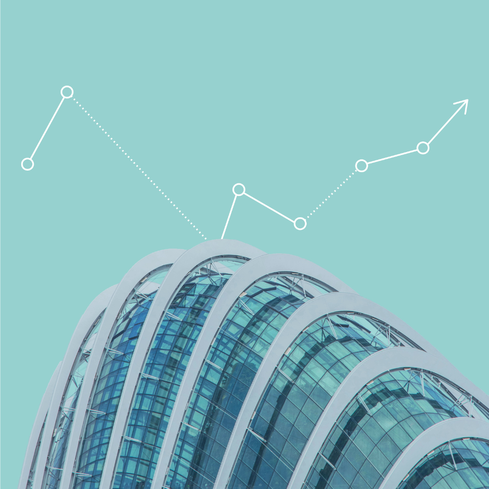 Modern curved glass building against a light blue background with a white upward-trending line graph and arrow superimposed above the structure.