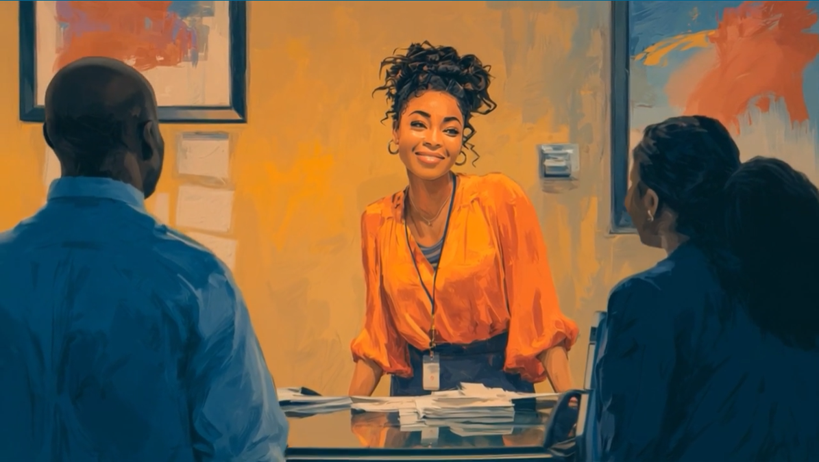 A smiling woman stands behind a reception desk, wearing an orange blouse and an ID badge, facing two people who are talking to her. Papers are spread on the desk and colorful art hangs on the warmly lit wall behind her.