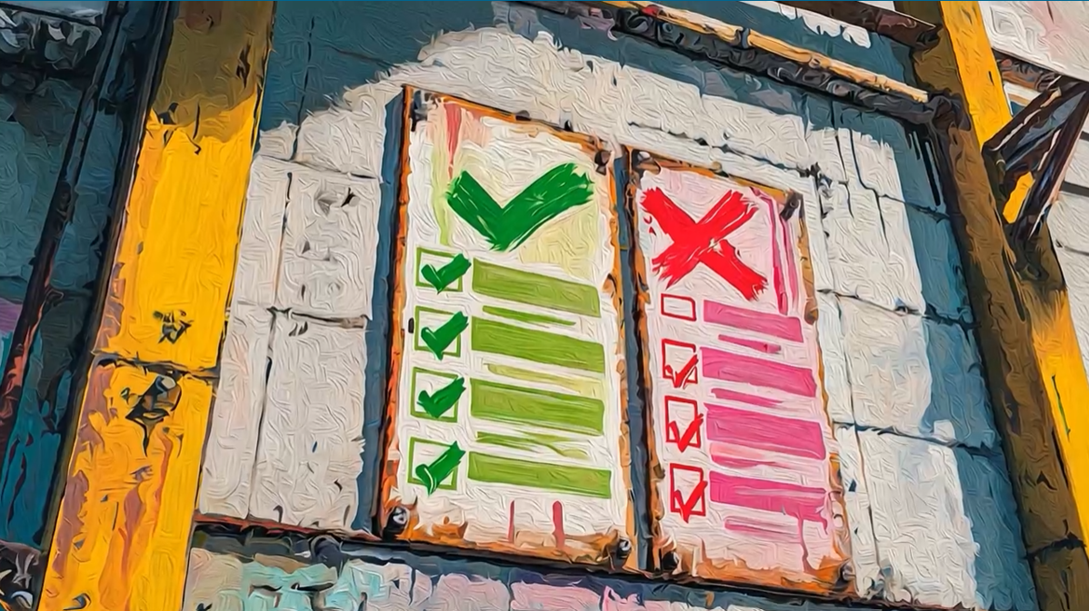 Two posters on a wall: one with a green checkmark and checklist, the other with a red X and checklist.