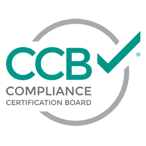 CCB Compliance Certification Board logo with a large green checkmark integrated into the letters CCB and a partial grey circle in the background. The words Compliance Certification Board appear below.