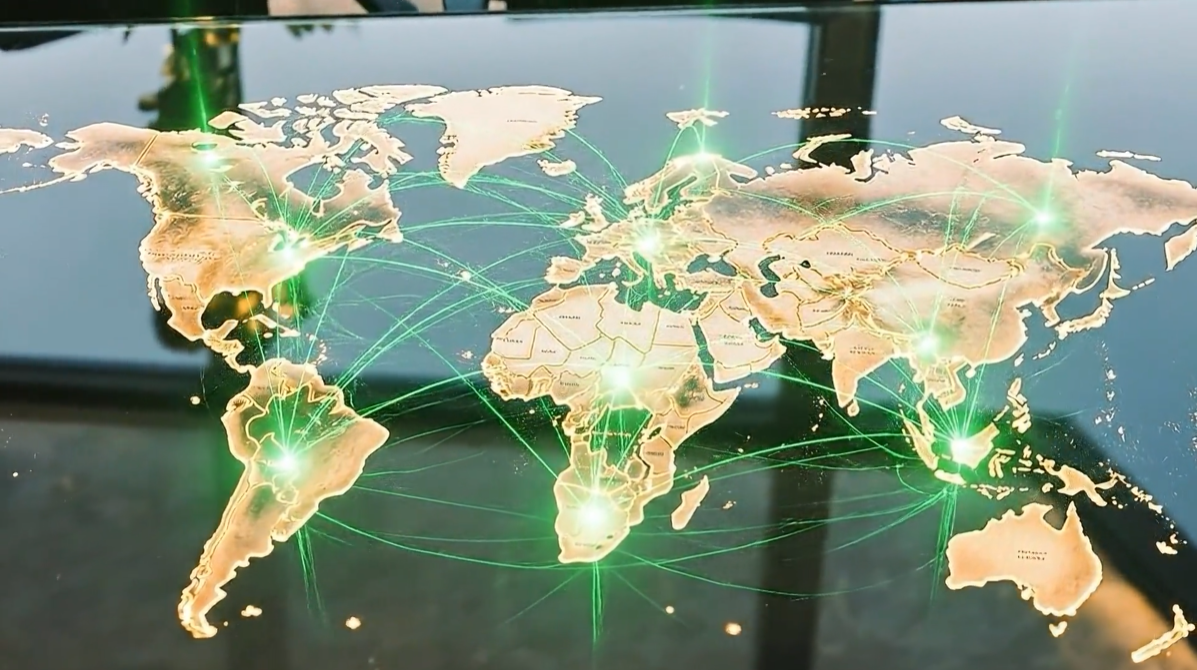 A digital world map with glowing green lines and connection points linking major regions, representing global connectivity and network communication.