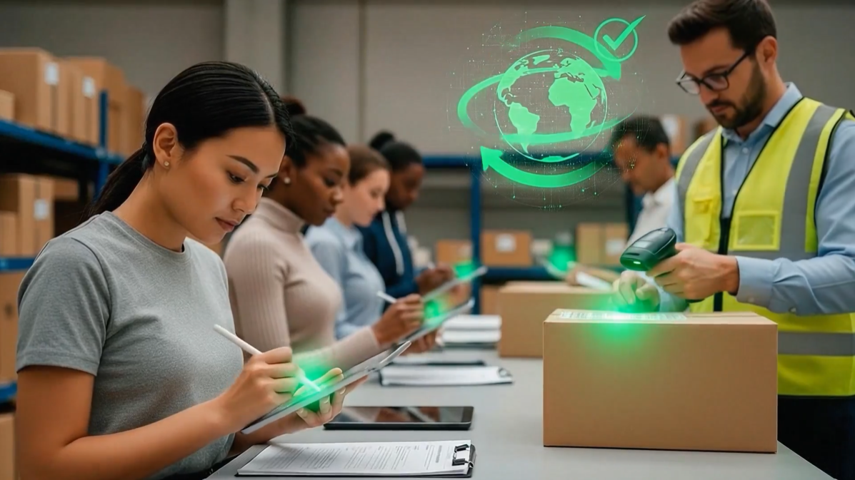 Workers in a warehouse check and scan packages with tablets and scanners; a digital globe and green checkmark graphic symbolizes global shipping and eco-friendly logistics.