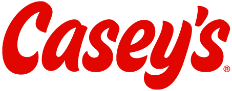 The image shows the Caseys logo with the word Caseys written in bold, red, italic script on a white background.