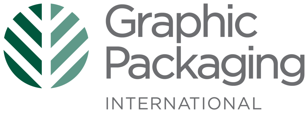 Logo for Graphic Packaging International featuring a stylized green leaf icon on the left and the company name in gray text to the right, with INTERNATIONAL written below in smaller letters.