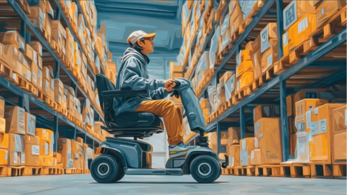 A person wearing a hoodie, cap, and yellow pants rides a mobility scooter through wide aisles lined with tall shelves filled with stacked cardboard boxes in a warehouse.