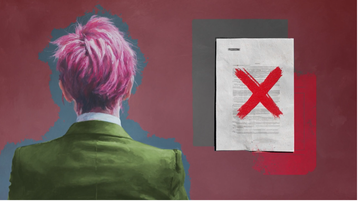 A person with pink hair, seen from behind, wears a green jacket and faces a large document with a red X drawn over it, set against a maroon background.