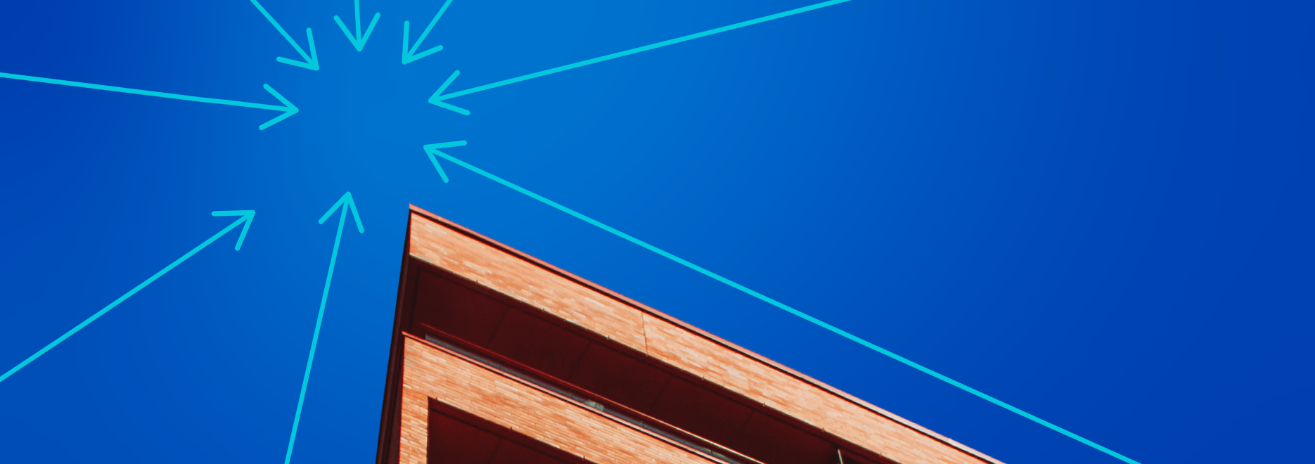 A modern brick apartment building viewed from below against a bright blue sky, with digital blue lines and arrows radiating from the top left corner, creating a dynamic, graphic effect.