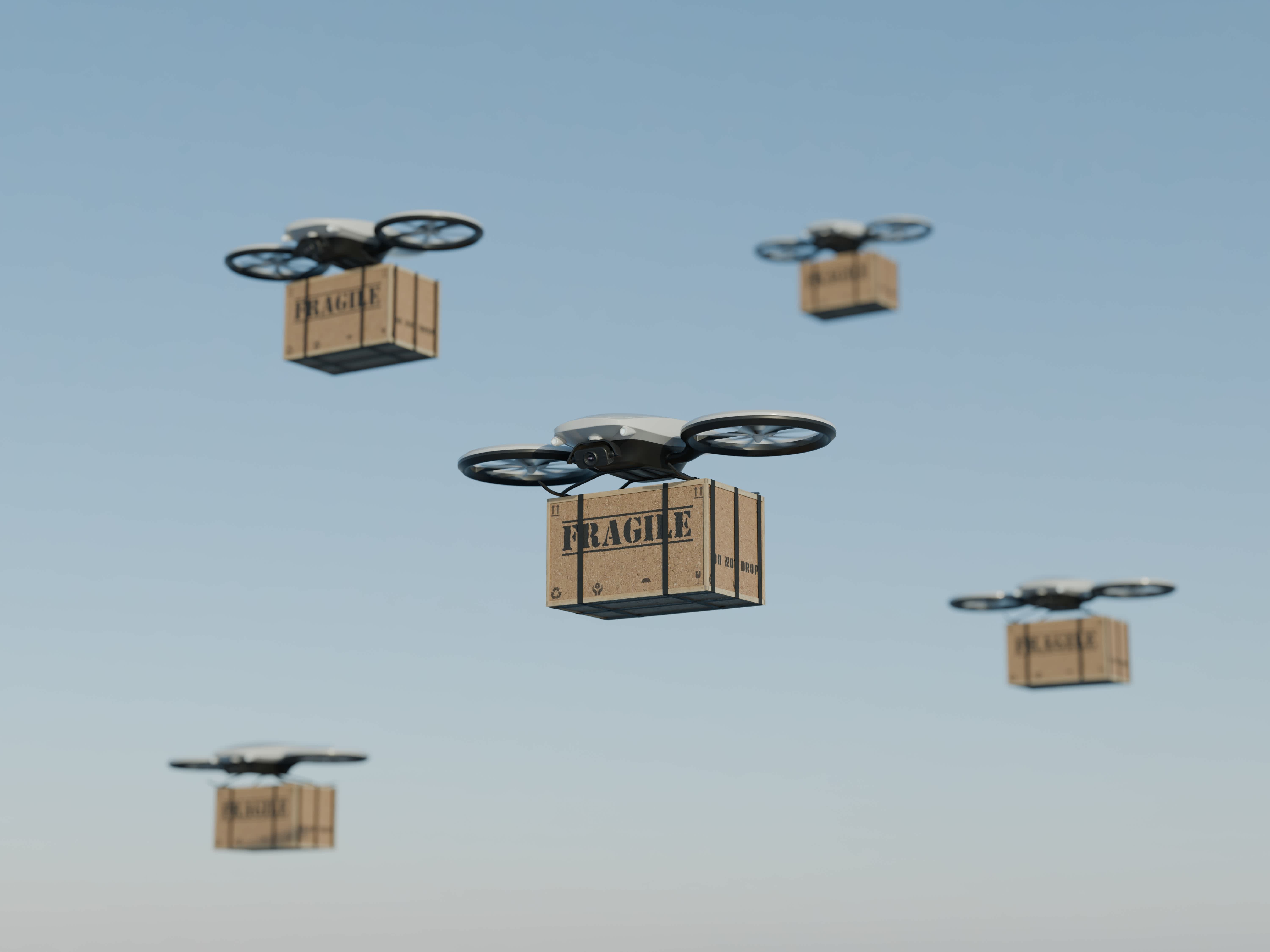 Several drones are flying in the sky, each carrying a box labeled FRAGILE. The background is clear with a blue sky, and the drones appear to be delivering packages.
