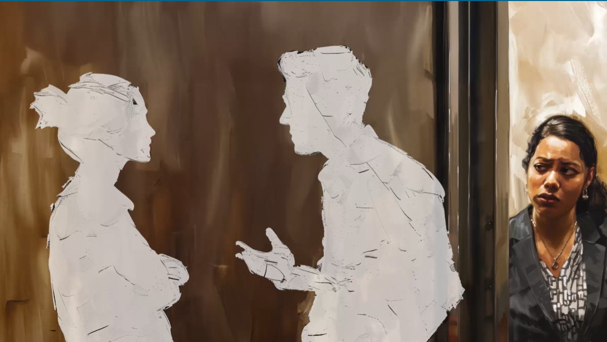 A woman looks upset while standing near two white, painted silhouettes of people facing each other and appearing to argue, set against a brown background.