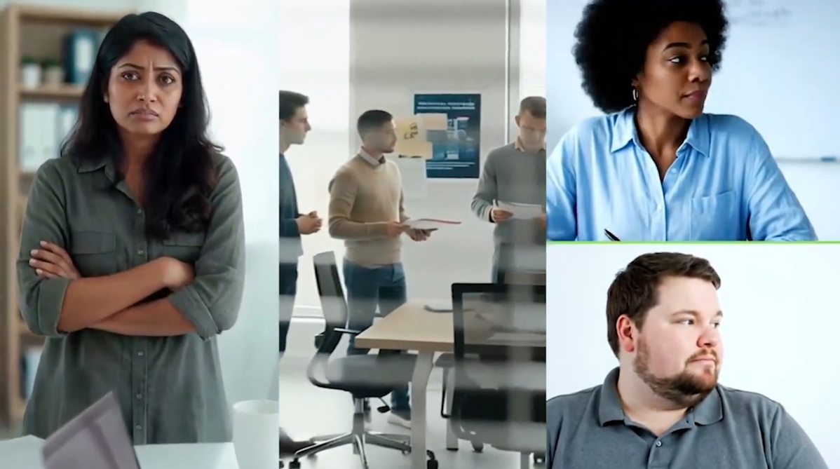 A woman stands with folded arms in an office while three people talk in the background. Inset images show two individuals, one woman and one man, looking to the side, as if participating in a video call.