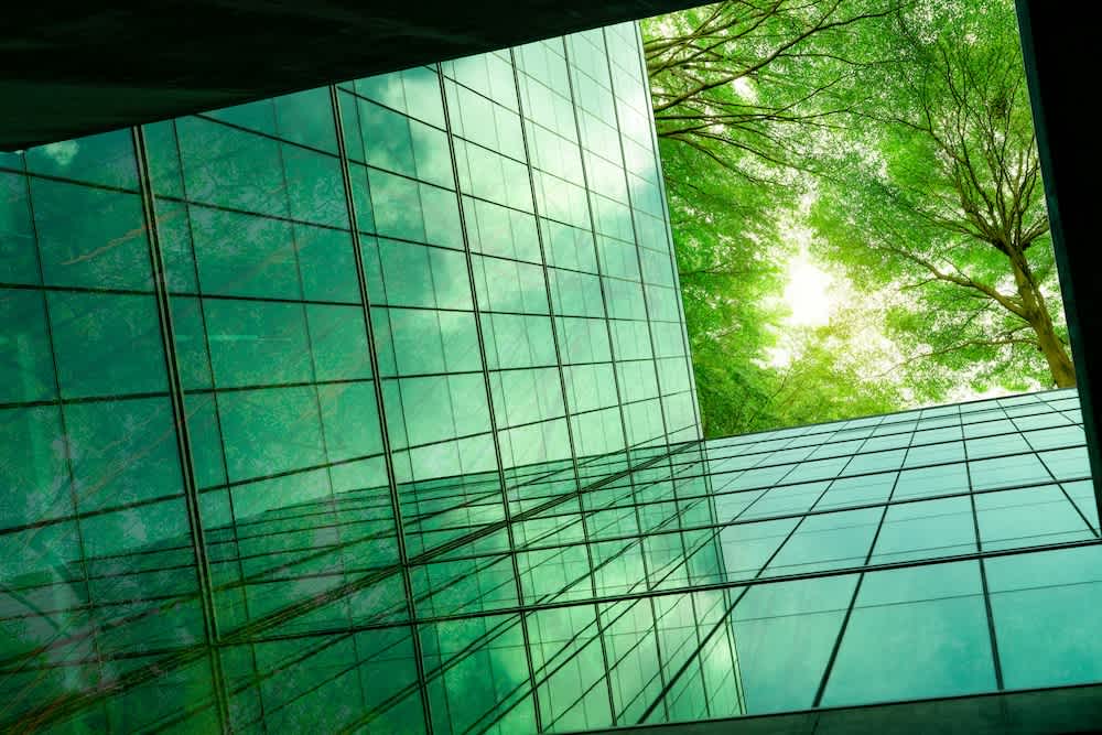 A view looking up between glass buildings with green reflections; leafy tree branches and bright sky are visible above, creating a blend of nature and modern architecture.