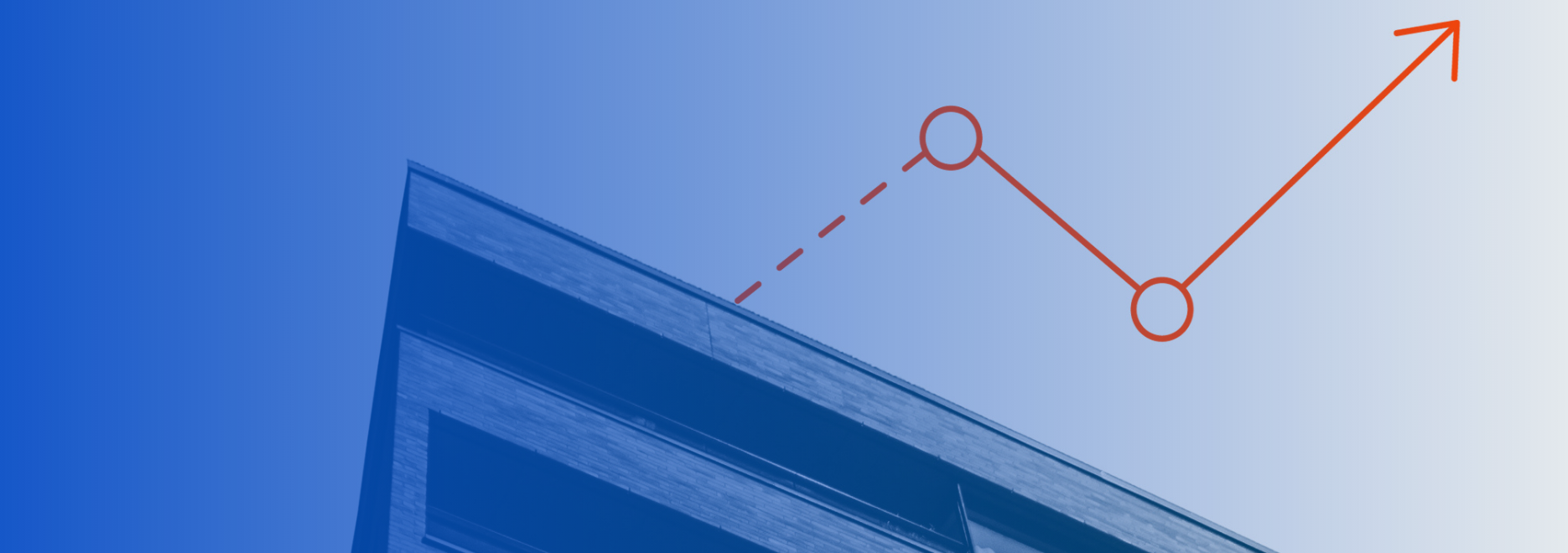 A modern building seen from below with an orange, upward-trending line graph superimposed above it on a light background, symbolizing growth or increase related to real estate or investment.