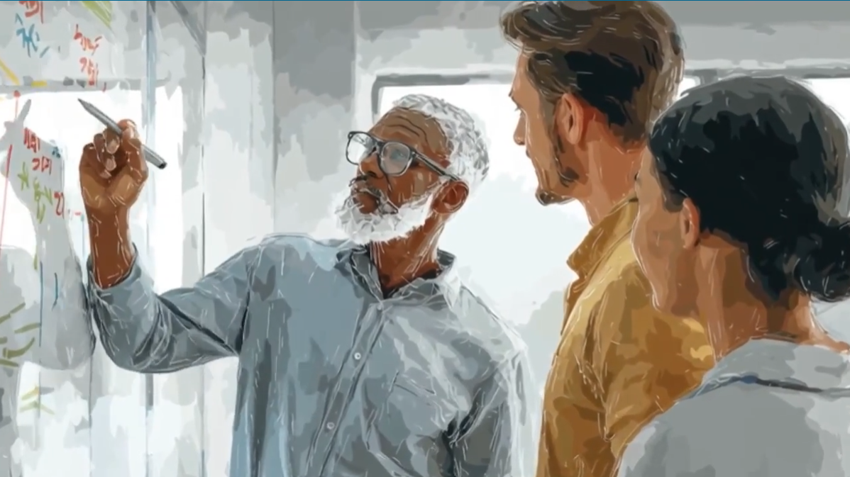 A man with gray hair and glasses writes on a glass board with a marker while two colleagues, a man and a woman, watch and listen attentively in a modern office setting.