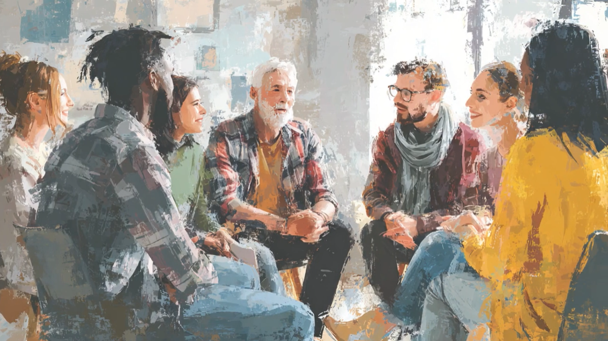 A group of six people sit in a circle having a conversation. They are casually dressed and appear engaged, suggesting a supportive or discussion group setting. The image has a painted, artistic style.